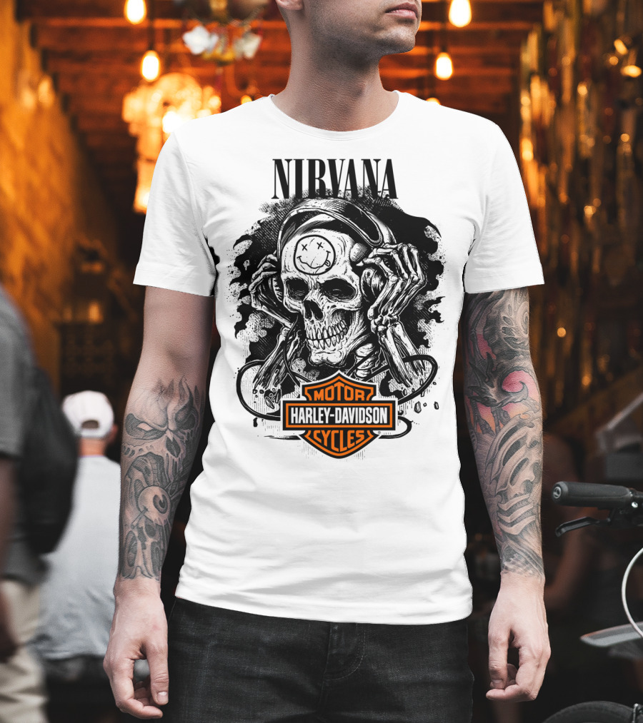Nirvana Harley Davidson Skull With Headphones T-Shirt