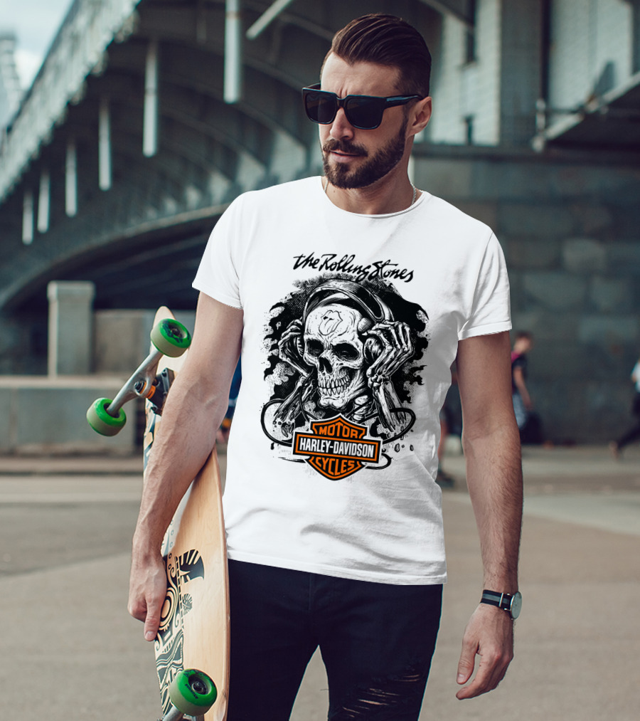 The Rolling Stones Harley Davidson Motor Cycles Skull Art T-Shirt
