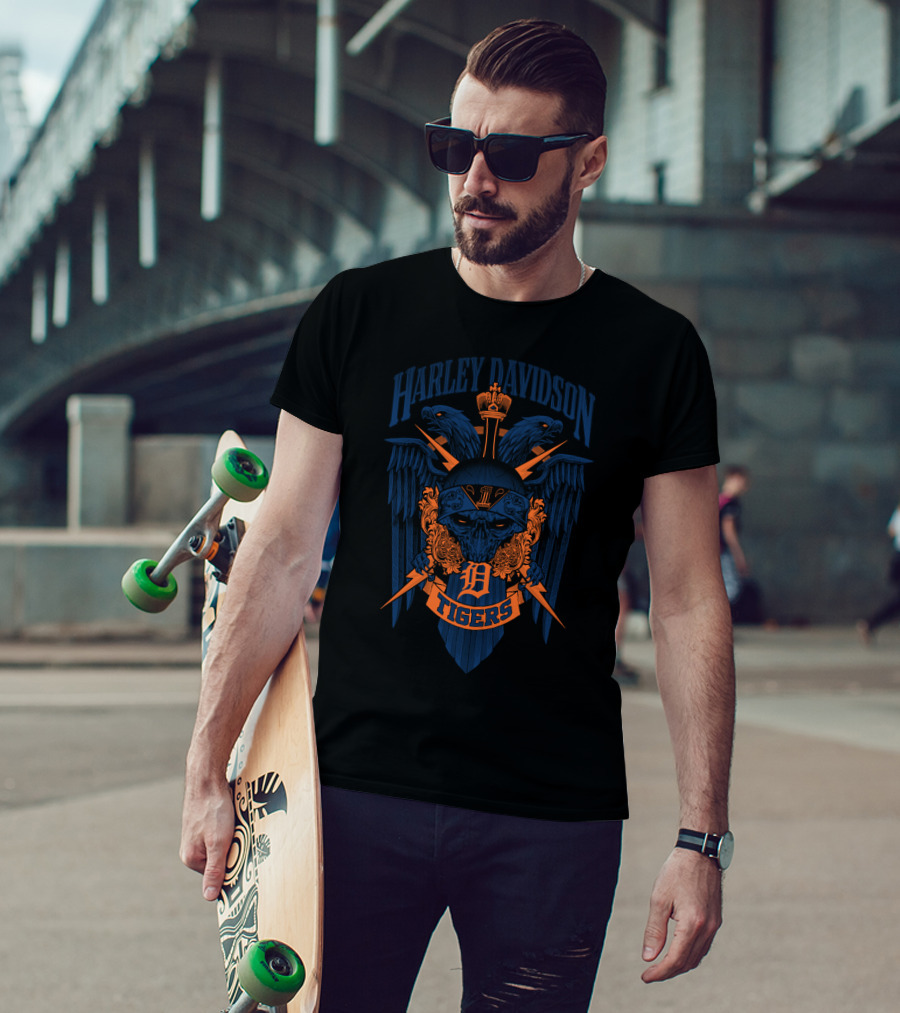 Harley Davidson Detroit Tigers Skull And Lightning T-Shirt