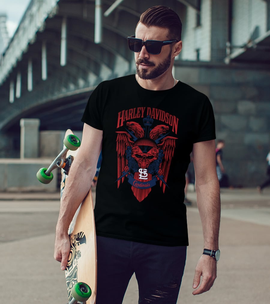 Harley Davidson St Louis Cardinals Mlb 131 Skull And Wings T-Shirt
