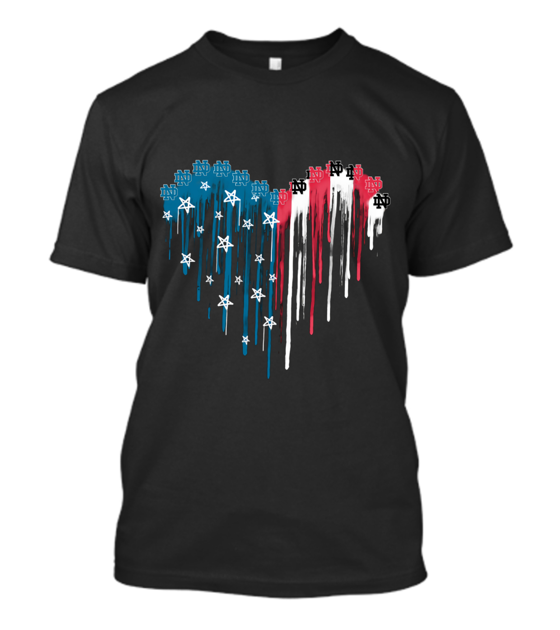 Notre Dame Fighting Irish Heart With Stars And Nd Logos Dripping In Red White And Blue T-Shirt