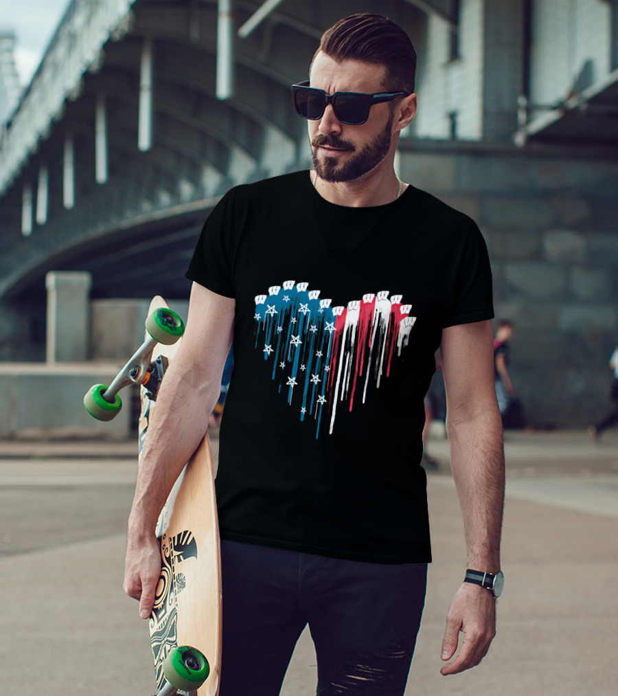 Wisconsin Badgers Heart Flag Design With Stars And Stripes Dripping Effect T-Shirt