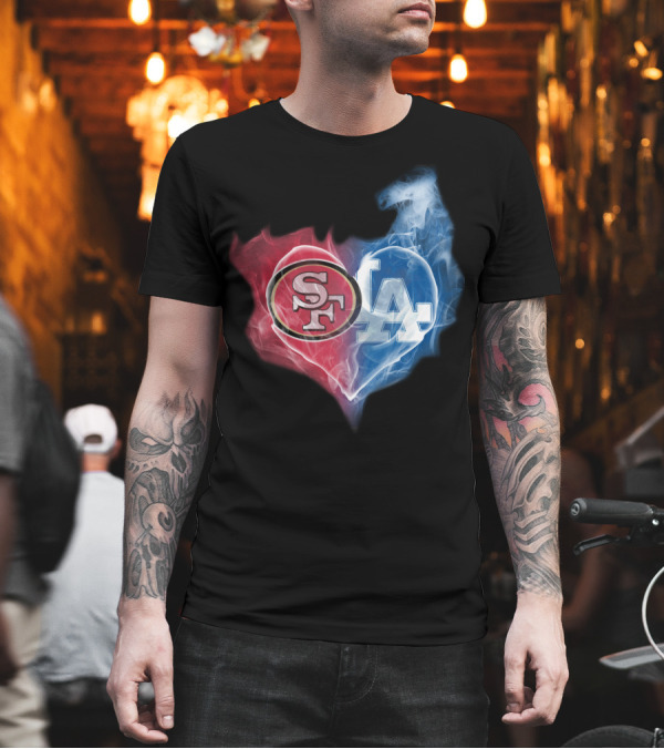 49ers SF and LA Dodgers Heart Fusion T-Shirt 49ers SF and LA Dodgers Heart Fusion T-Shirt