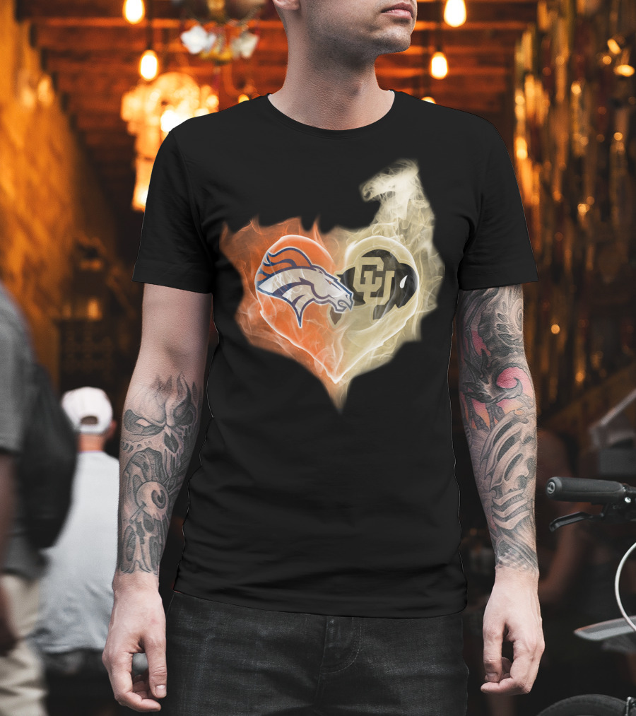 Broncos Colorado Buffaloes Heart-Shaped Flames T-Shirt