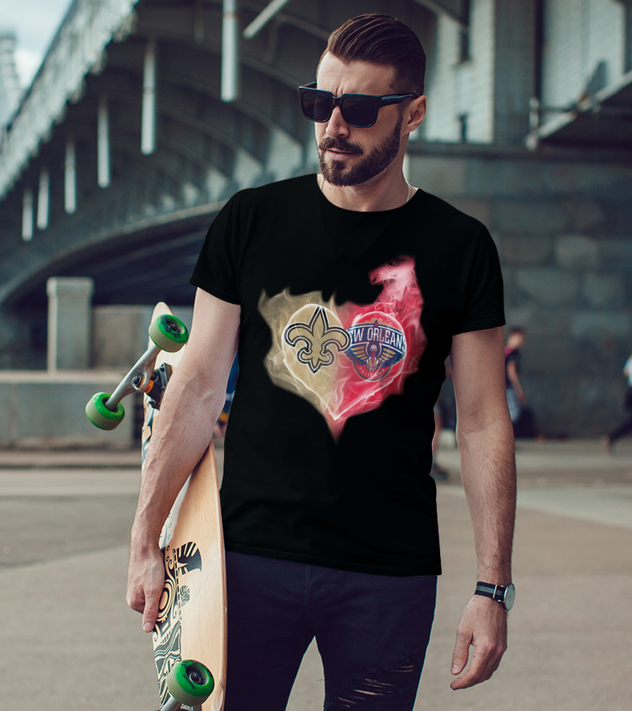 New Orleans Saints Pelicans Heart Logo Fusion T-Shirt