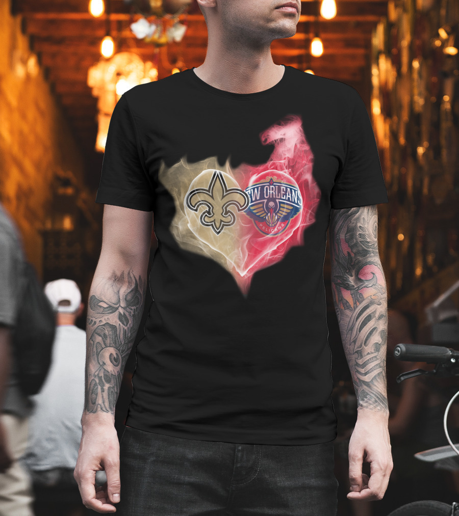 New Orleans Saints Pelicans Heart Logo Fusion T-Shirt