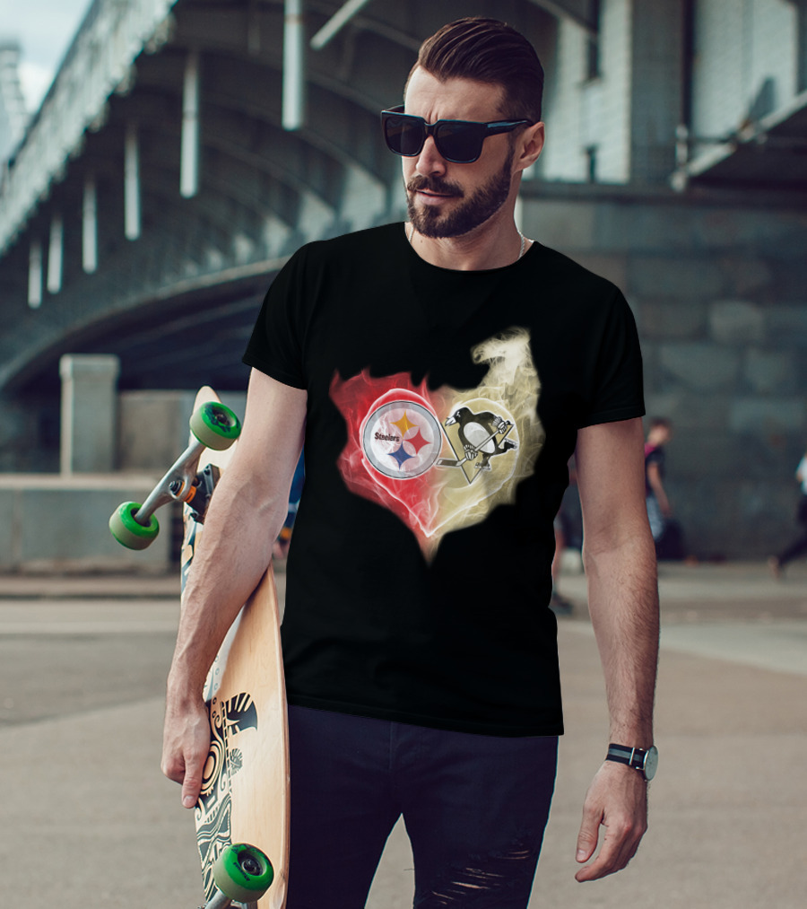 Steelers Pittsburgh Penguins Heart Shape Emblem T-Shirt
