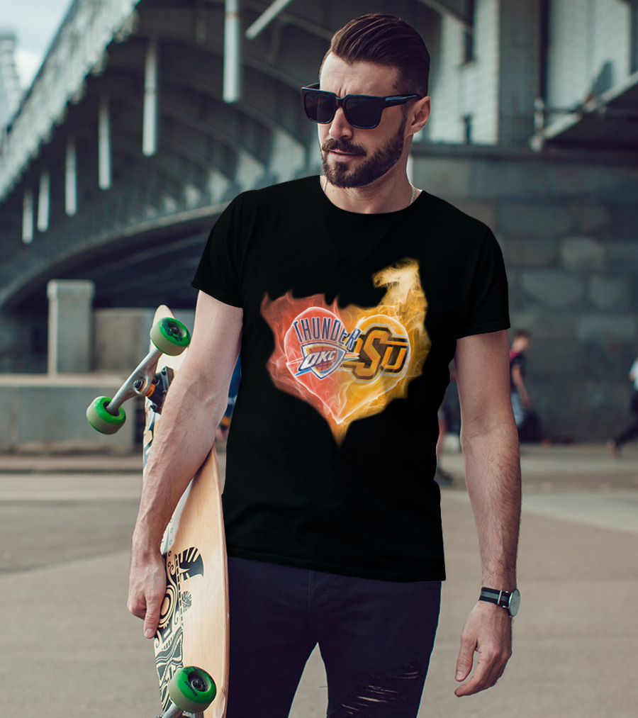 Thunder OKC And OSU Cowboys Flame Heart T-Shirt