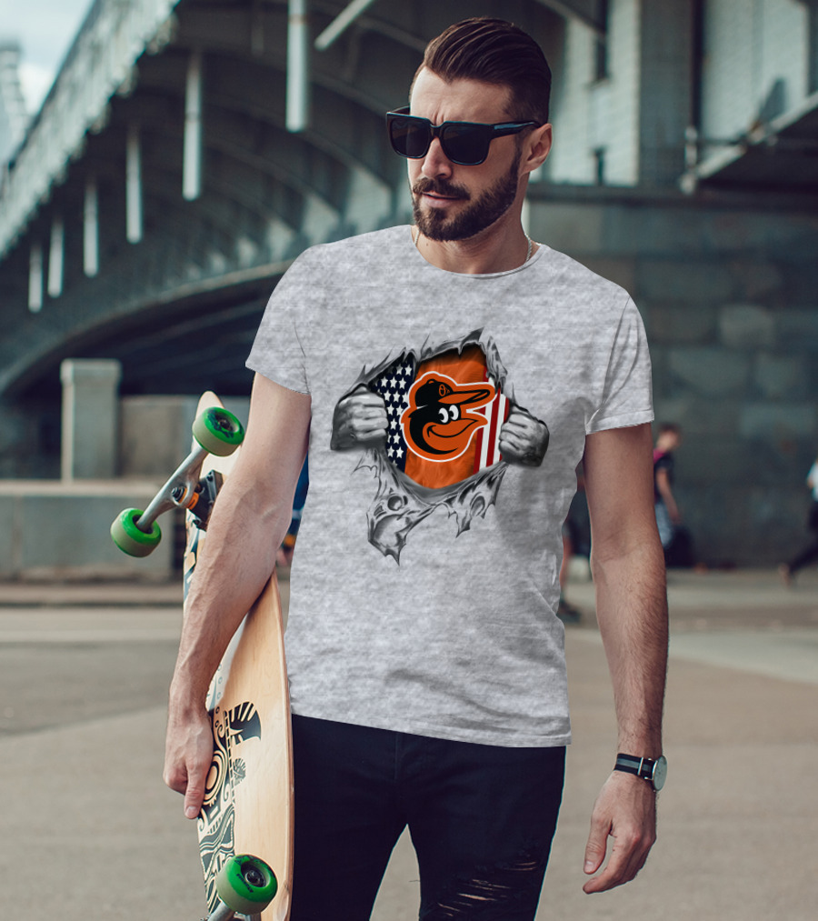 Baltimore Orioles American Flag Baseball Team Logo Peeling Layers T-Shirt