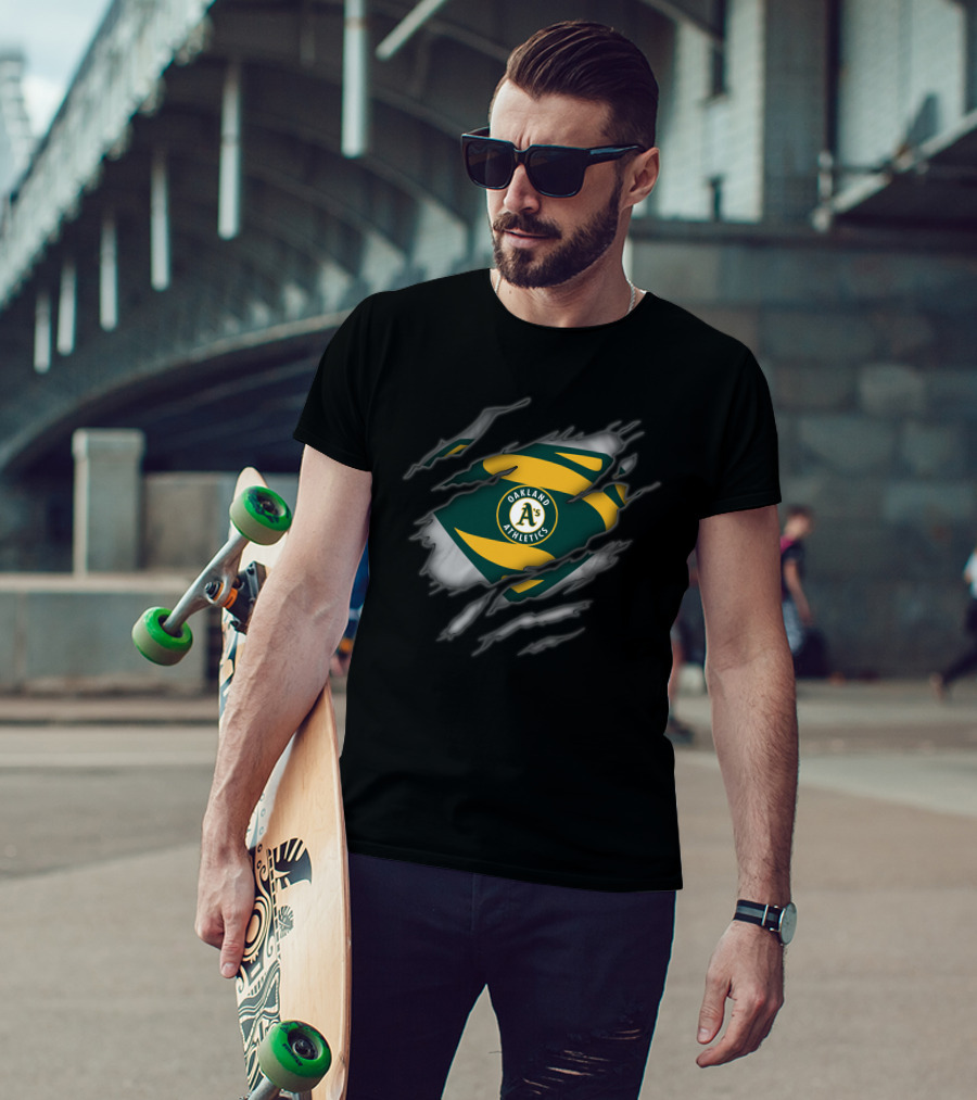 Oakland Athletics Logo Inside Superman Style Ripped Chest T-Shirt
