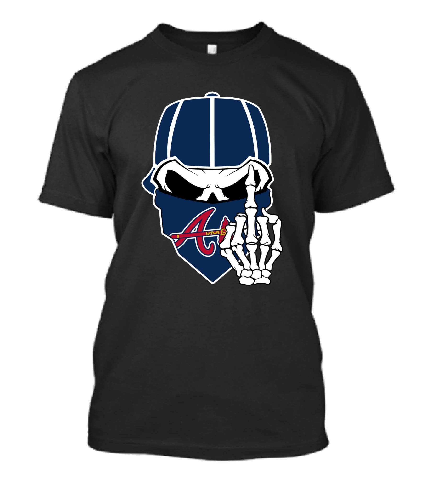 Atlanta Braves Skull Bandana And Skeleton Hand Gesture T-Shirt