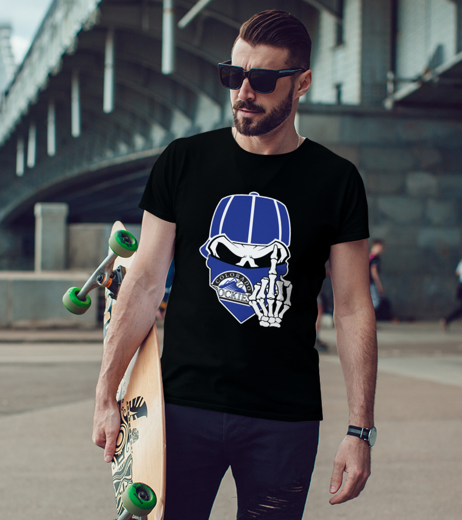 Colorado Rockies Skull Bandana With Skeleton Hand T-Shirt
