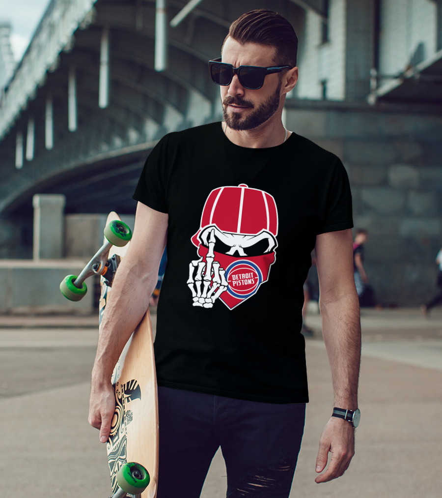 Detroit Pistons Skull Bandana Skeleton Gesture T-Shirt
