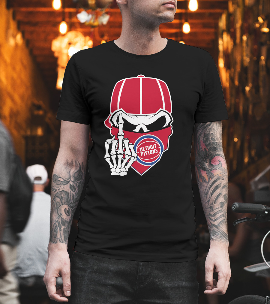 Detroit Pistons Skull Bandana Skeleton Gesture T-Shirt