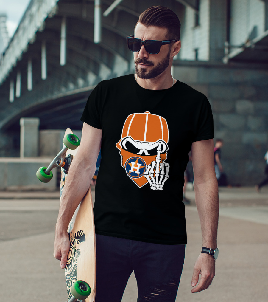 Houston Astros Skull With Cap And Skeleton Hand T-Shirt
