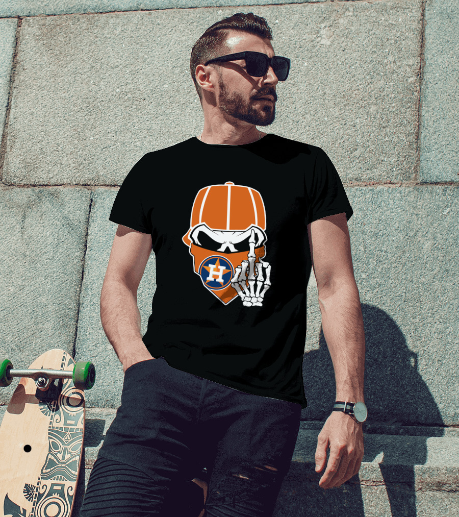 Houston Astros Skull With Cap And Skeleton Hand T-Shirt