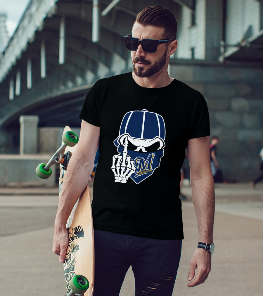 Milwaukee Brewers Skull And Skeleton Hand T-Shirt