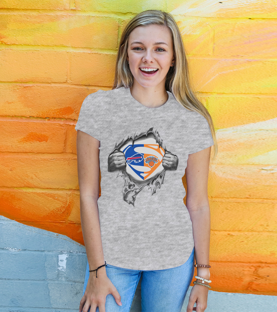 Bills New York Knicks Superman Logo Crossover Busting Through T-Shirt