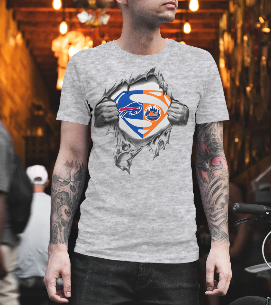 Buffalo Bills New York Mets Superman Logo Crossover T-Shirt