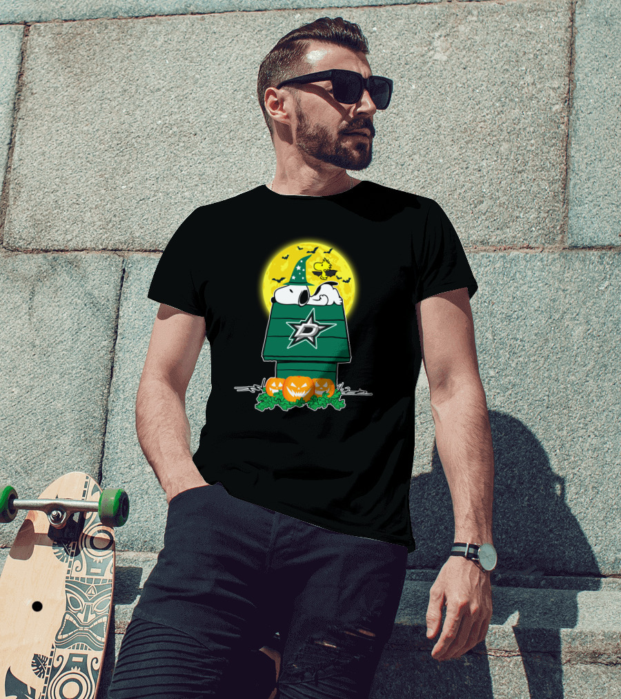 Dallas Stars Snoopy Halloween Moon Pumpkins Woodstock T-Shirt