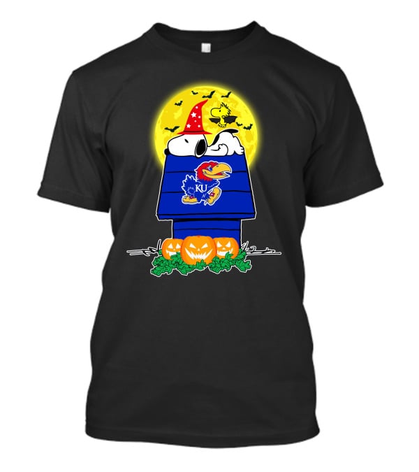 Kansas Jayhawks Snoopy Woodstock Halloween Full Moon Pumpkin House T-Shirt