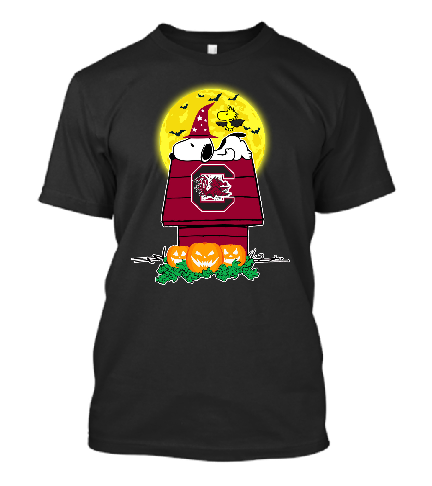 South Carolina Gamecocks Snoopy Woodstock Halloween Peanuts Pumpkins Moon T-Shirt