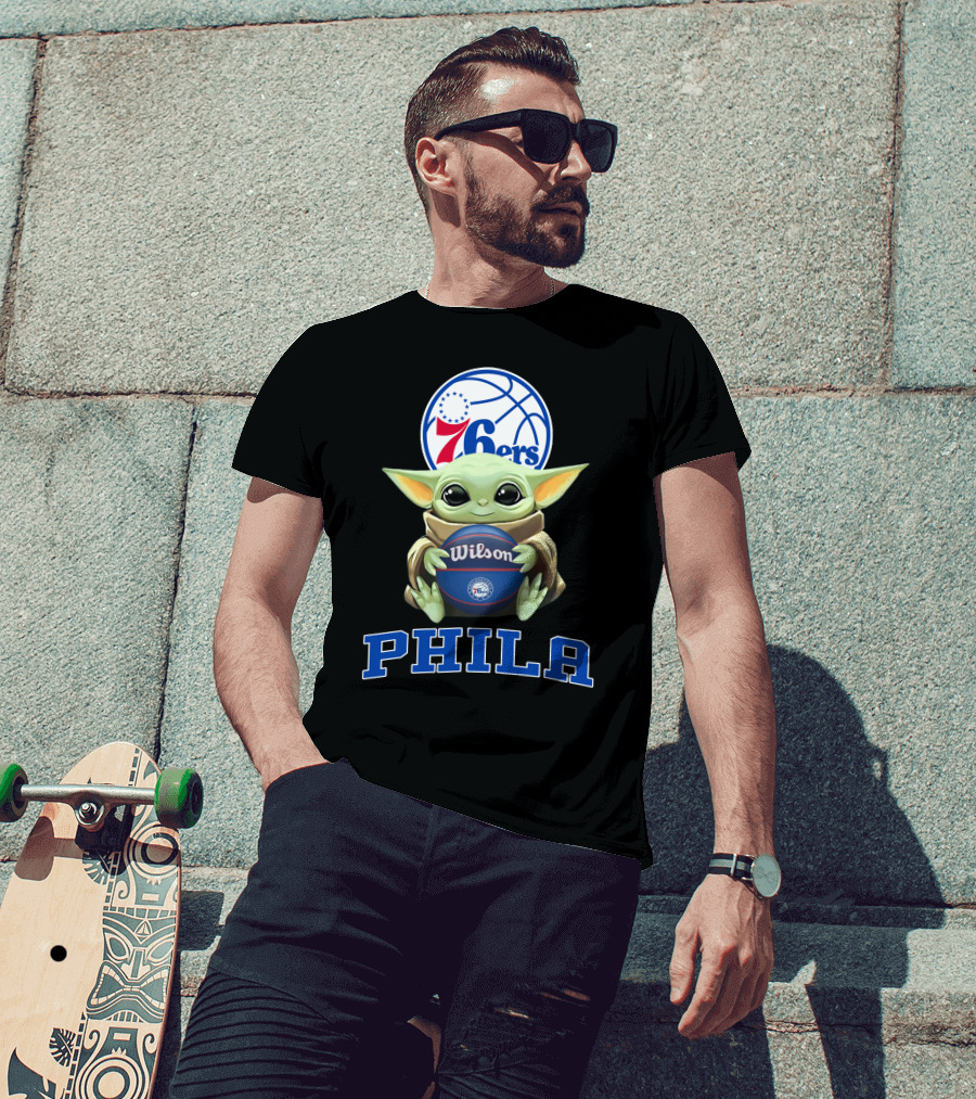 Philadelphia 76ers Baby Yoda Holding Wilson Basketball Phila T-Shirt