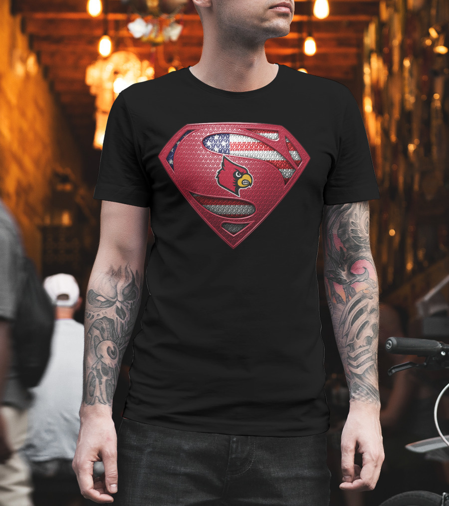 Louisville Cardinals Superman Shield With American Flag T-Shirt
