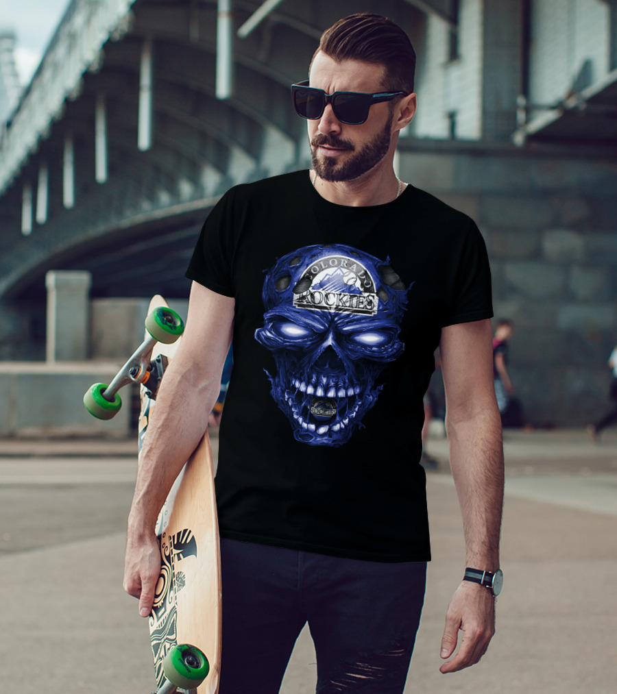 Colorado Rockies Skull Logo With Blue Fiery T-Shirt
