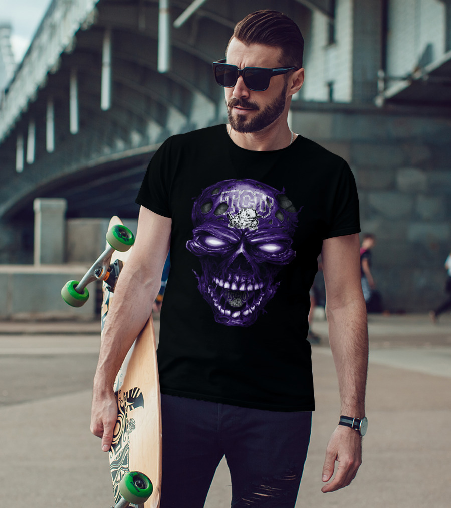 Tcu Horned Frogs Skull Purple Head With Frog And Bold Tcu T-Shirt
