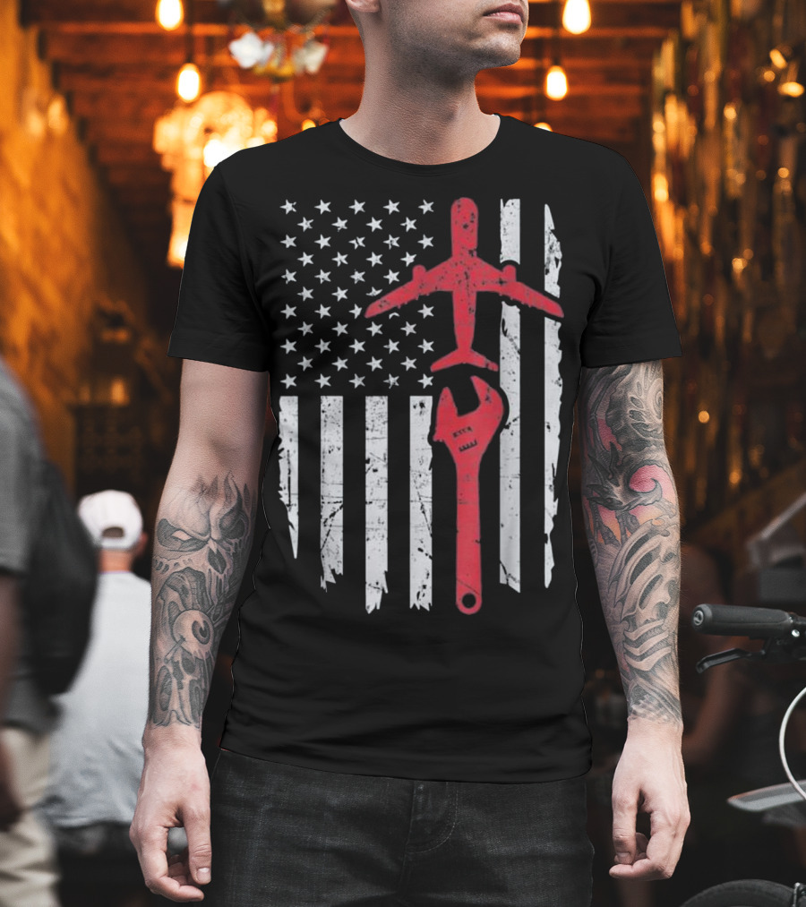 American Flag Airplane Mechanic Aviation Technician Wrench T-Shirt