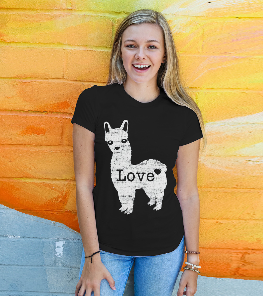 Llama Love Distressed Heart Design With Alpaca T-Shirt
