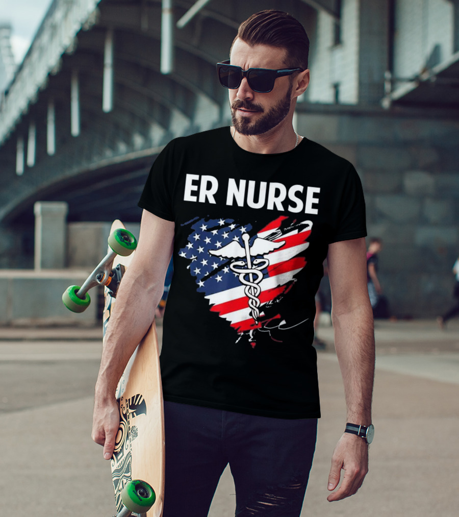 ER Nurse American Flag Caduceus Medical T-Shirt