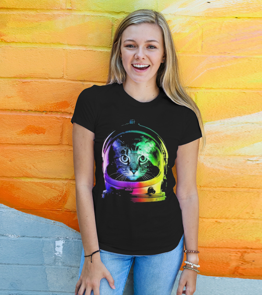 Space Cat In Astronaut Helmet With Cosmic Rainbow Colors T-Shirt
