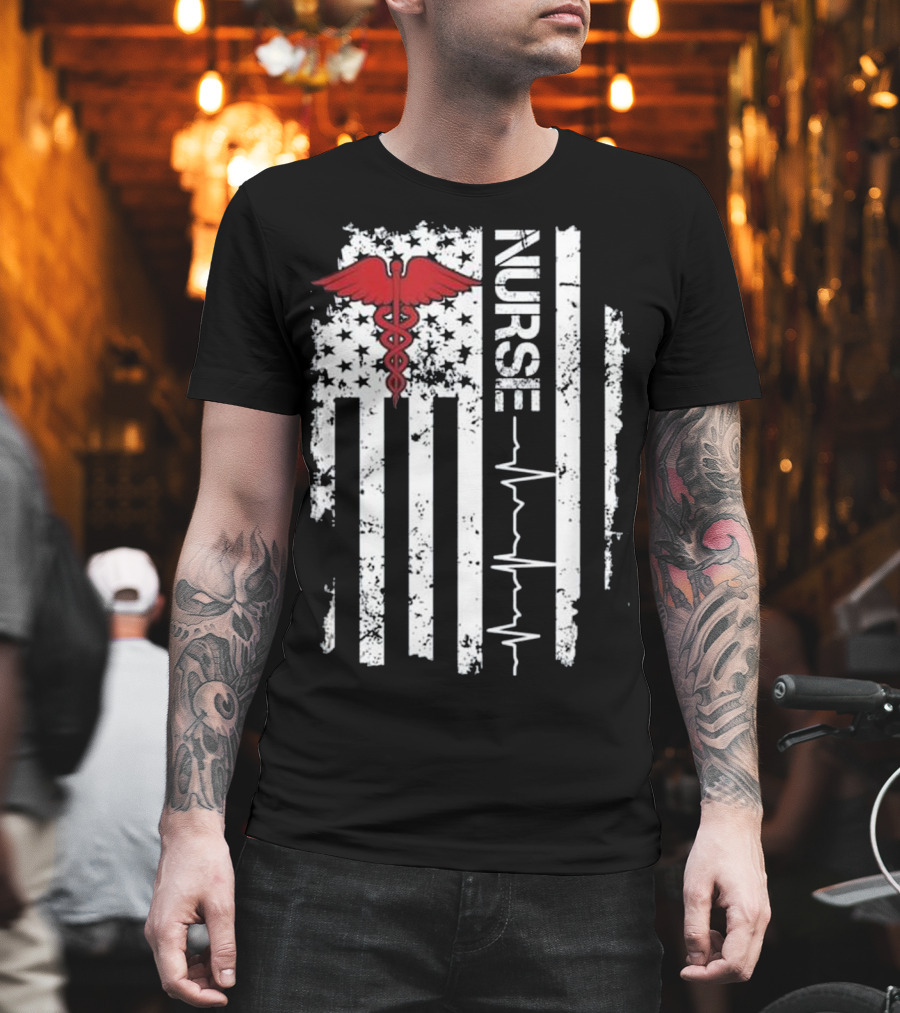 Nurse Caduceus Heartbeat American Flag Stars Stripes T-Shirt