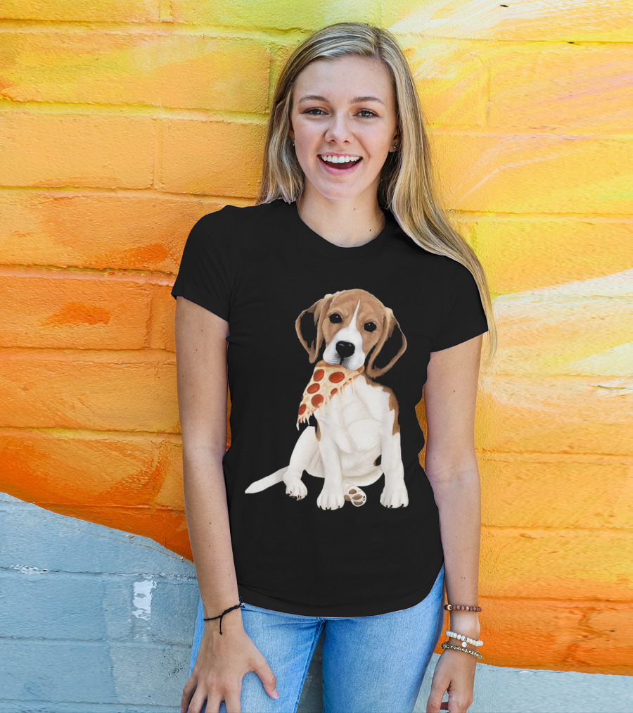 Beagle Eating Pizza Slice In Mouth T-Shirt