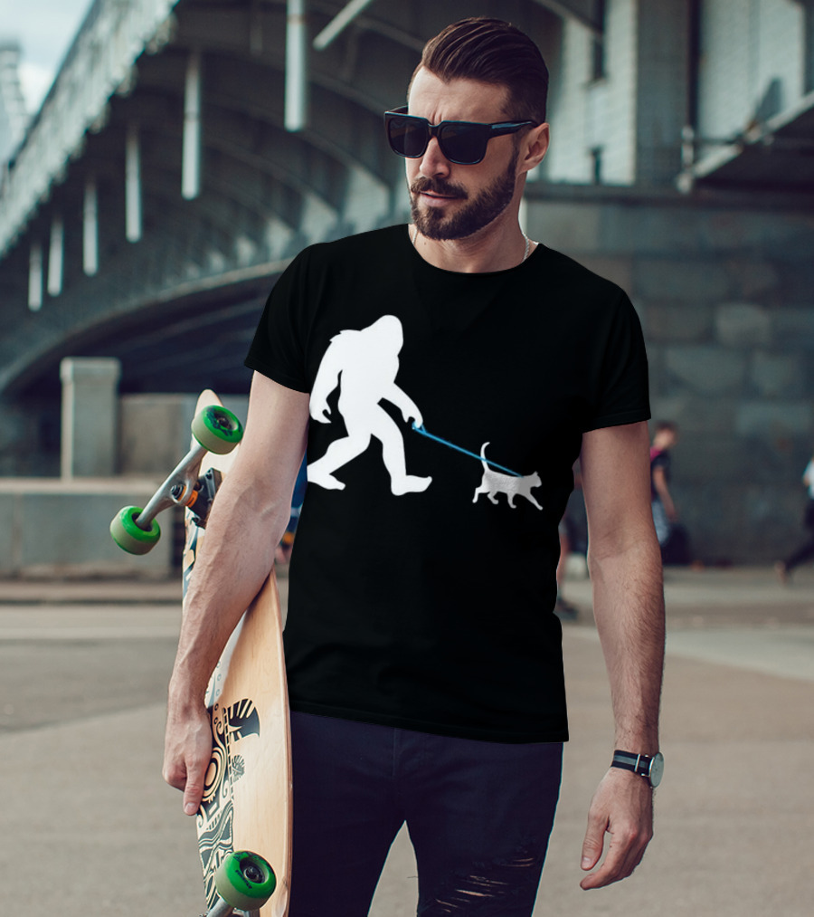 Bigfoot Walking Cat Funny Cute Sasquatch Silhouette Leash T-Shirt