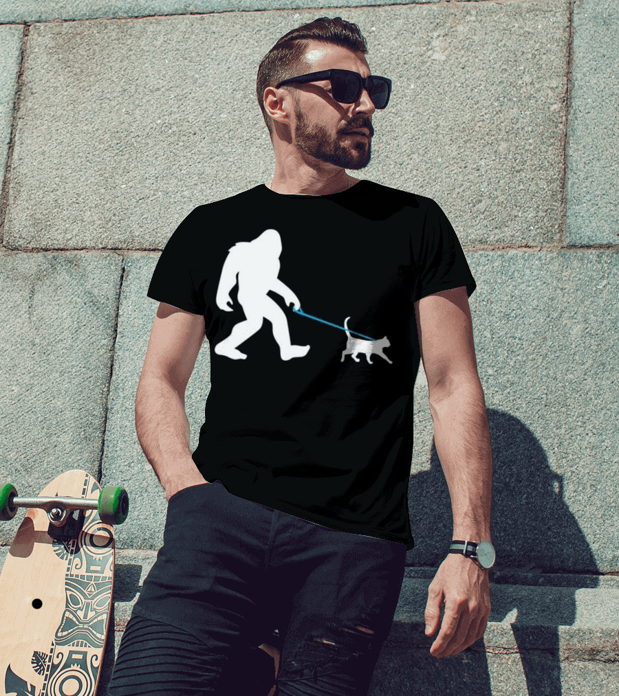 Bigfoot Walking Cat Funny Cute Sasquatch Silhouette Leash T-Shirt