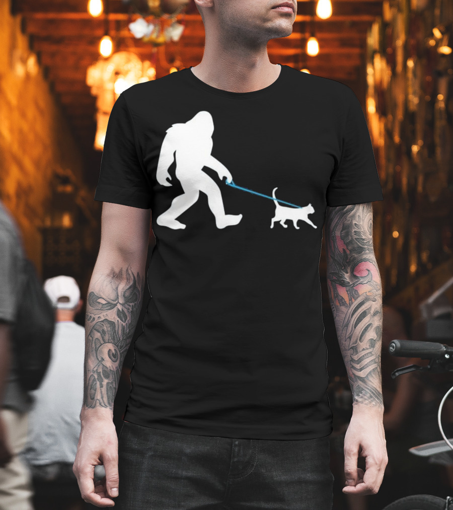 Bigfoot Walking Cat Funny Cute Sasquatch Silhouette Leash T-Shirt
