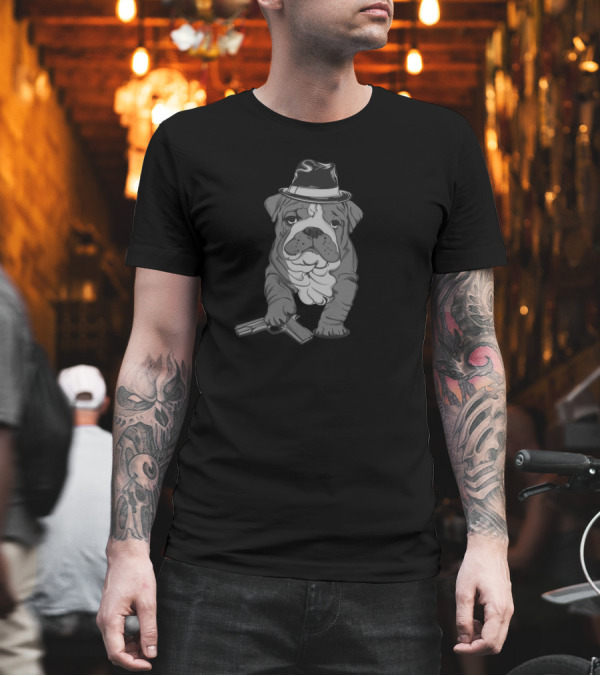 Bulldog Mafia Wearing Fedora with Gun T-Shirt Bulldog Mafia Wearing Fedora with Gun T-Shirt
