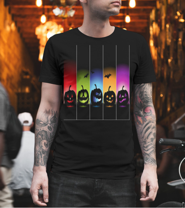 Five Faces of the Pumpkin Silhouette with Flying Bats and Colorful Backgrounds T-Shirt Five Faces of the Pumpkin Silhouette with Flying Bats and Colorful Backgrounds T-Shirt