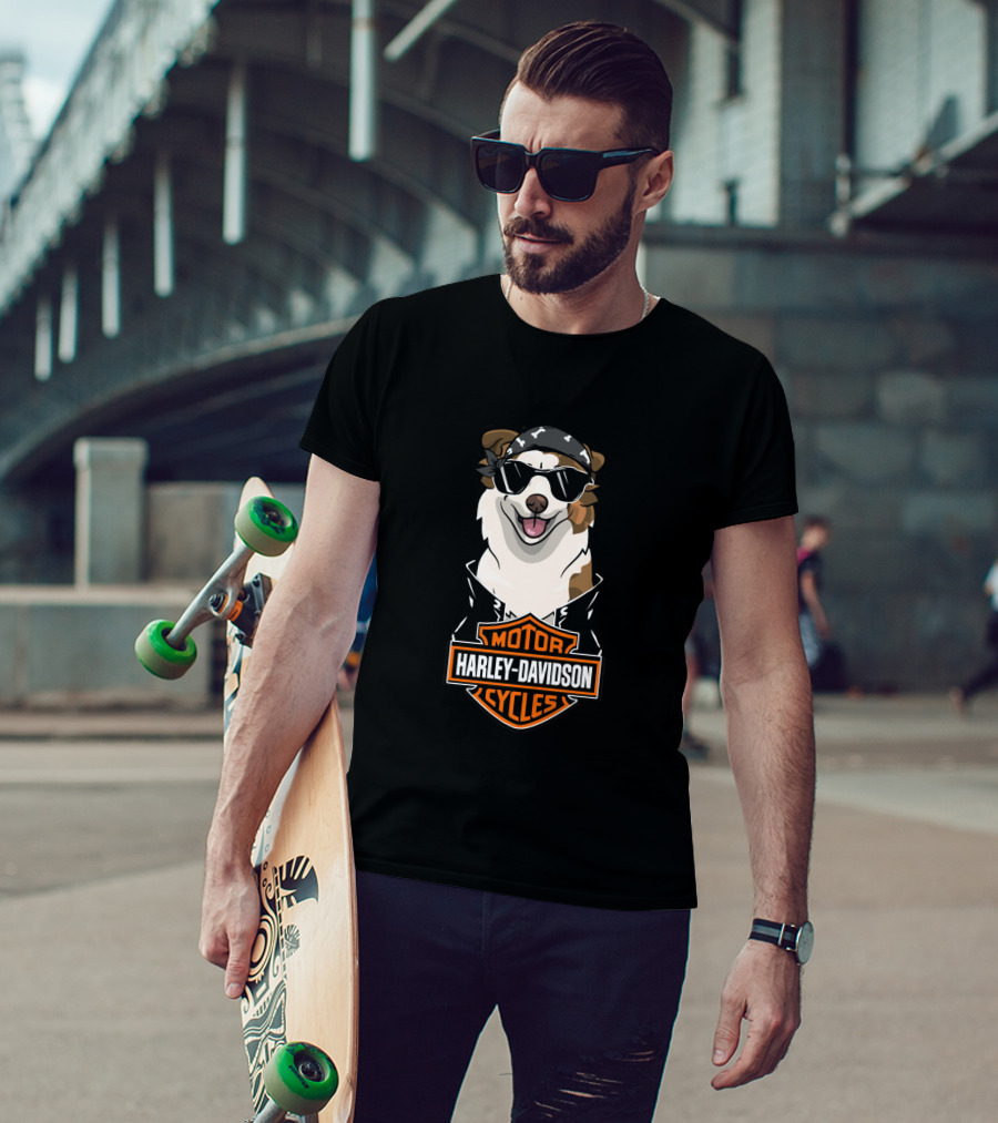 Harley Davidson Motor Cycles Australian Shepherd Biker Dog T-Shirt