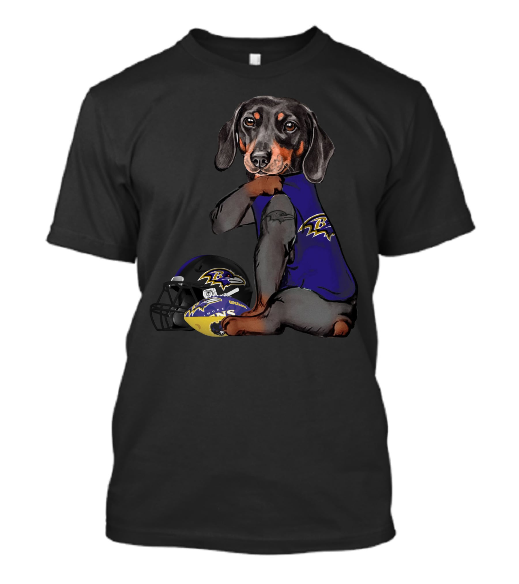 Baltimore Ravens Dachshund Wearing Team Jersey With Football Helmet T-Shirt