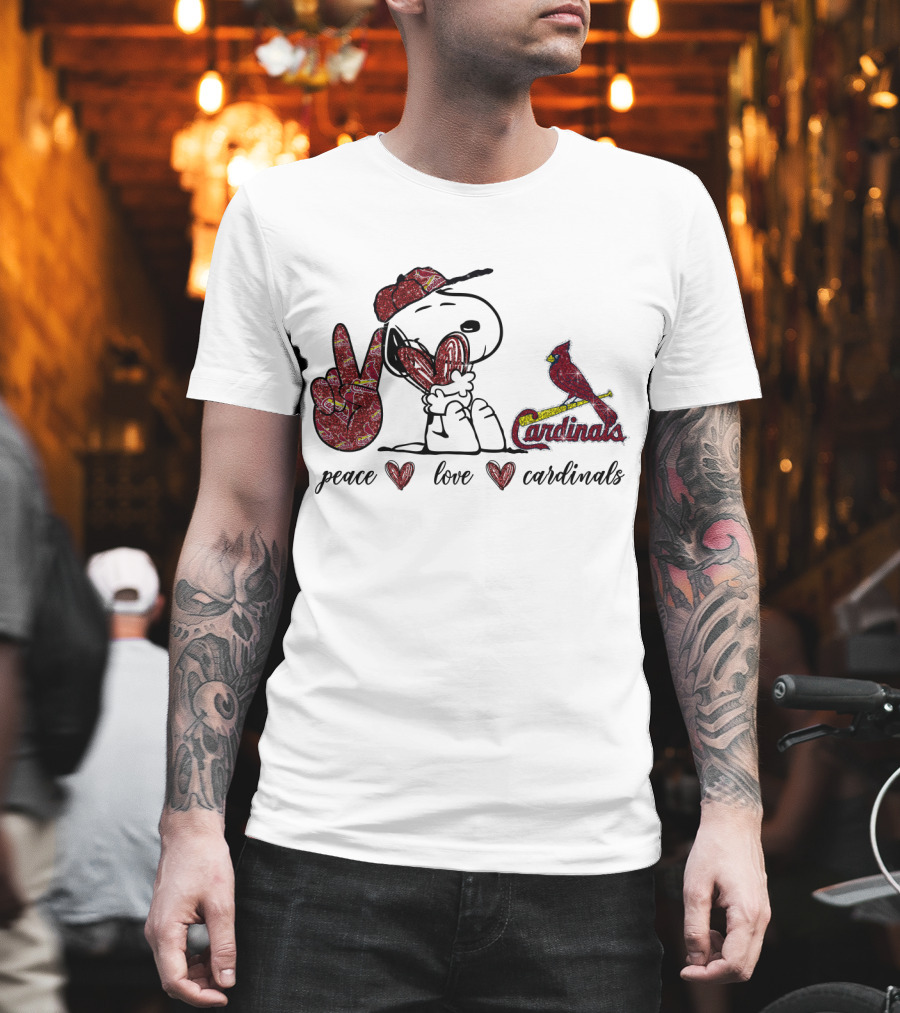 Peace Love Cardinals Snoopy Wearing Cardinals Hat T-Shirt
