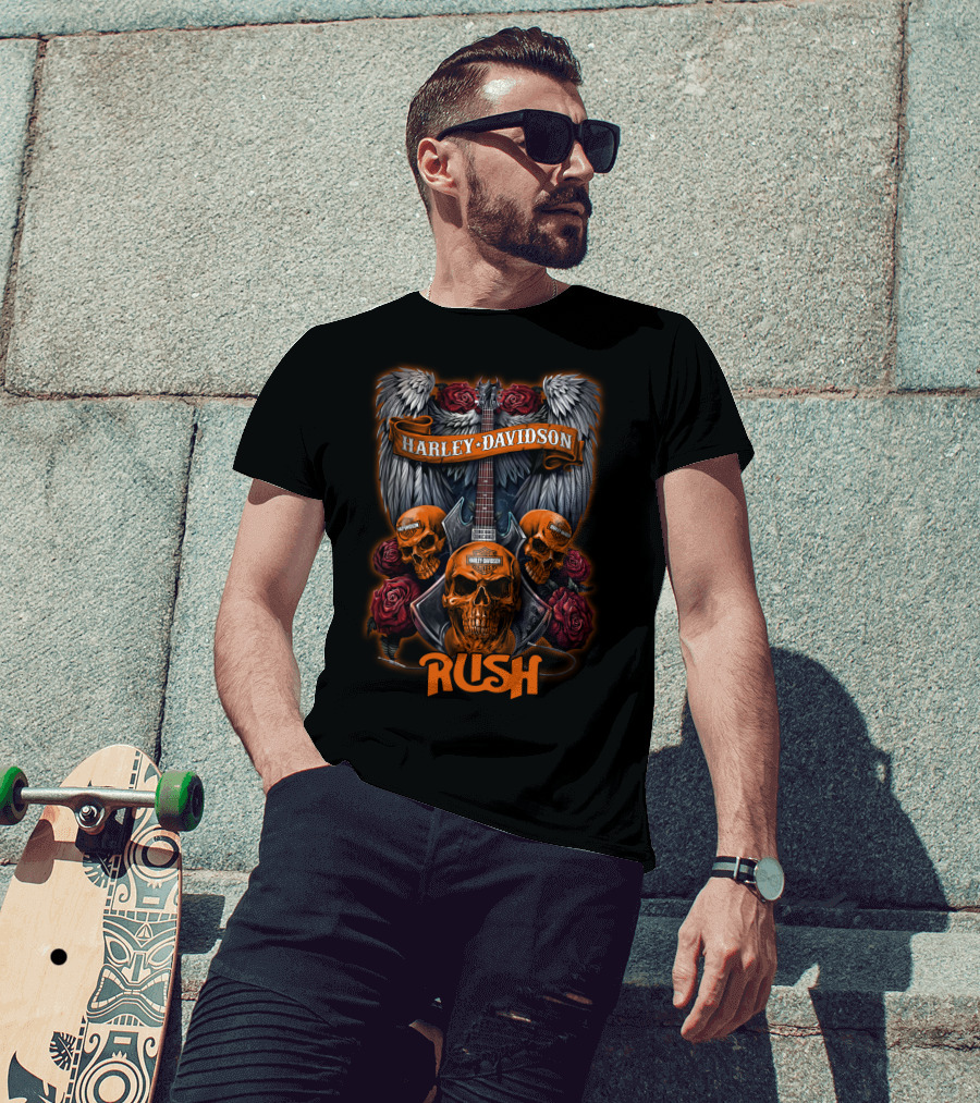 Harley Davidson Rush Skulls And Guitar With Wings And Roses T-Shirt