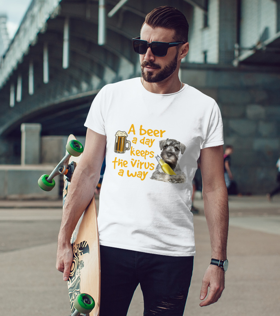 A Beer A Day Keeps The Virus Away Miniature Schnauzer With Beer Mug And Bottle T-Shirt