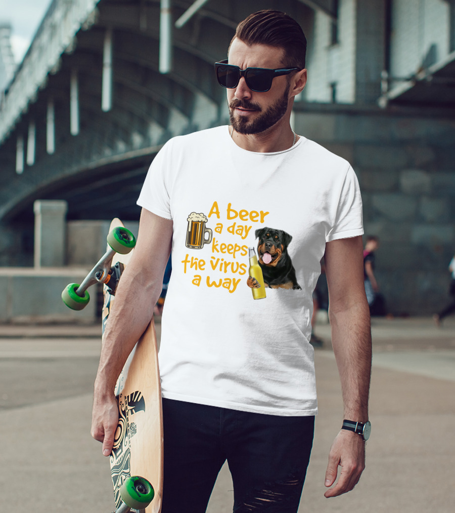 A Beer A Day Keeps The Virus Away With Rottweiler Holding Beer Bottle T-Shirt