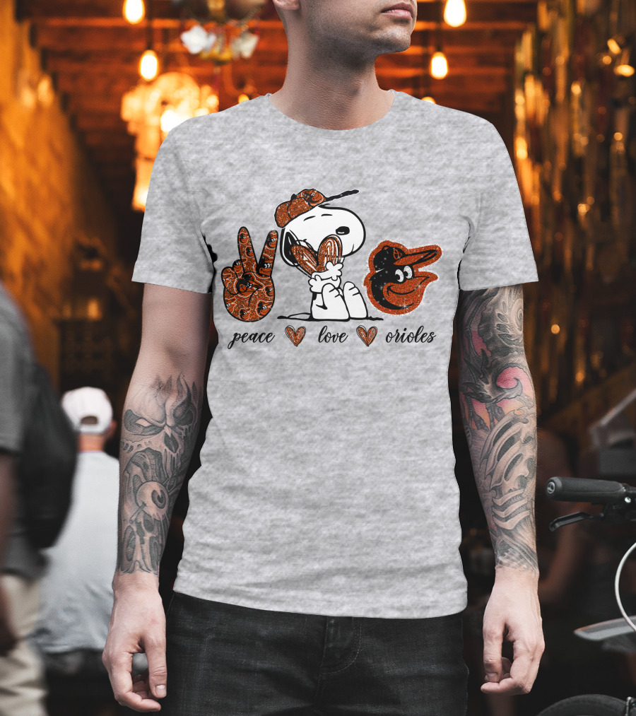 Peace Love Orioles Snoopy Style Baltimore Orioles T-Shirt