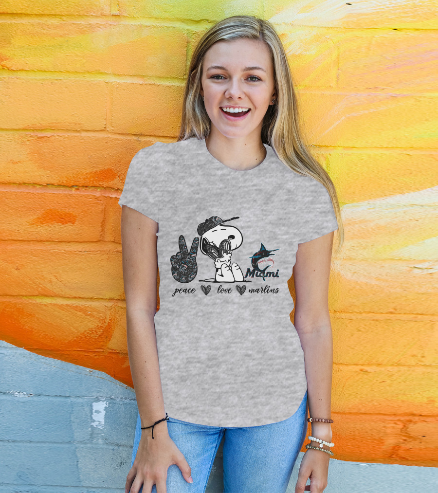 Peace Love Miami Marlins Snoopy Baseball Fan T-Shirt
