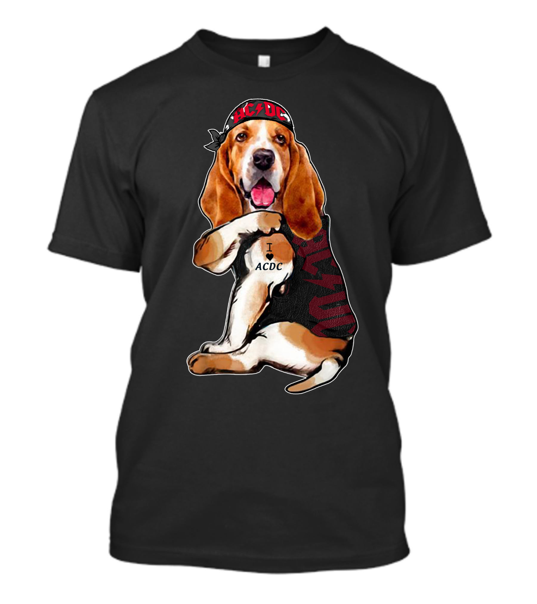Basset Hound I Love Ac/Dc Bandana And Tattoo Style With Red Bandana And Black Vest T-Shirt